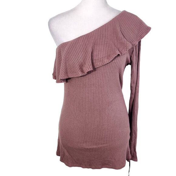 Michael Lauren Mauve Ribbed Knit One Shoulder Top Ruffle Accent NWT Size Large - Picture 1 of 11